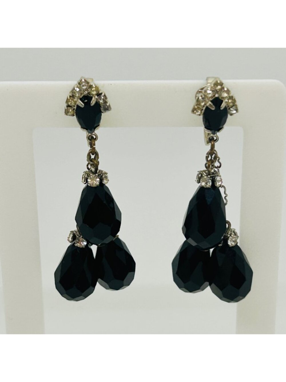Black Faceted Teardrop Earrings Chandelier Rhinestone Statement Vintage